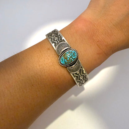 Stamped Kingman Turquoise Cuff Bracelet By Sunshine Reeves 5-1/8"