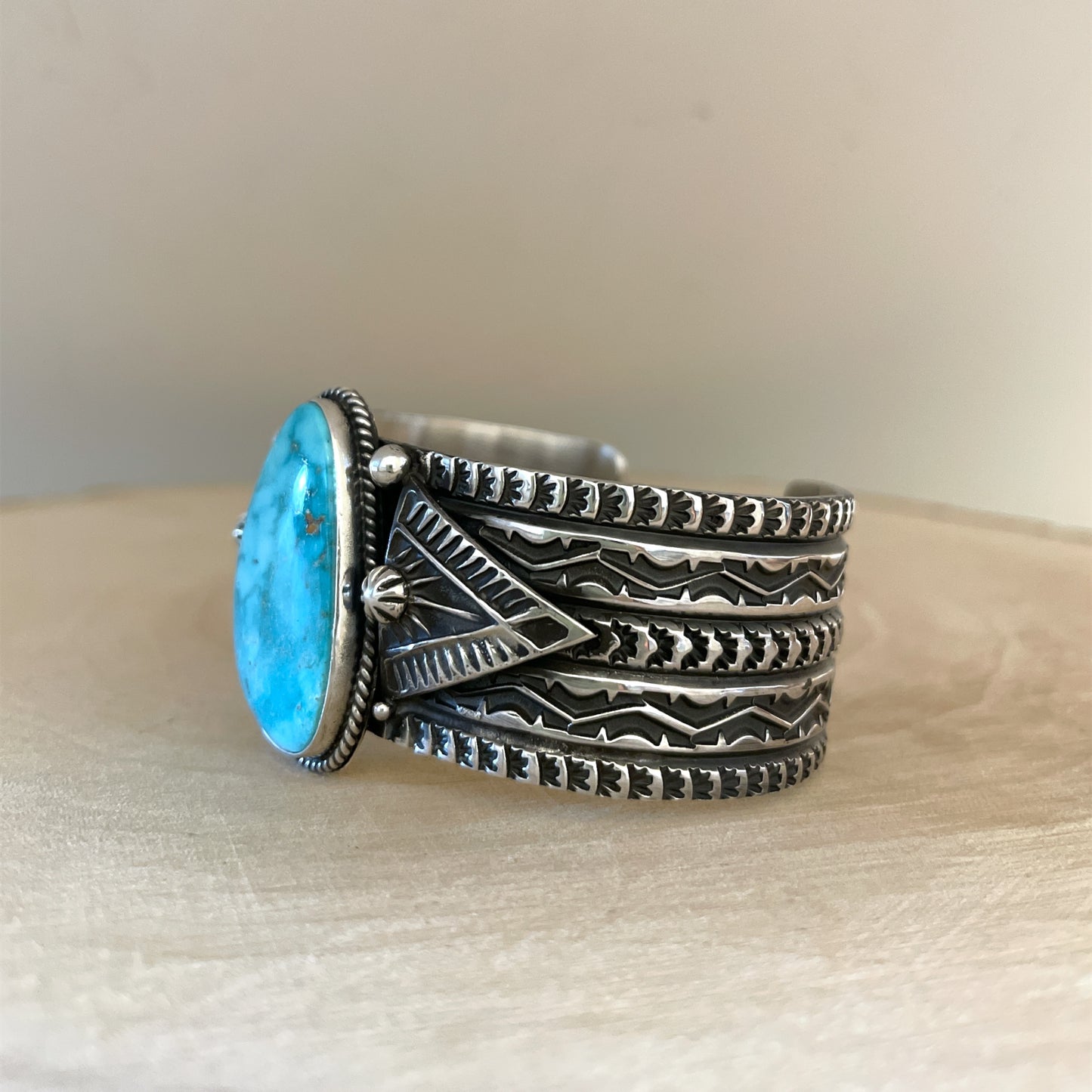 Stamped Kingman Turquoise Cuff Bracelet By Sunshine Reeves 5.35"