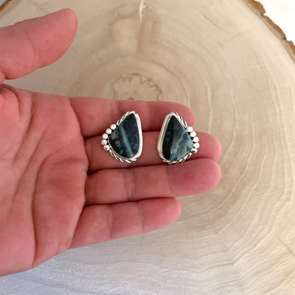 ブルーオパライズドペトリファイドウッドピアス