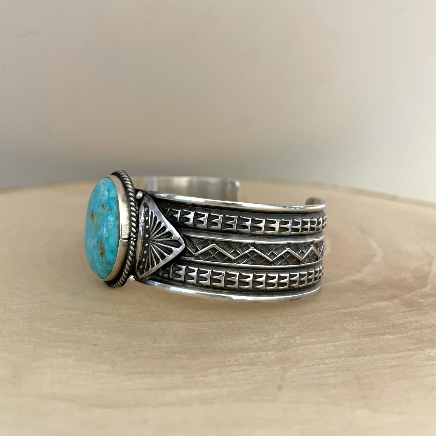 Stamped Kingman Turquoise Cuff Bracelet By Sunshine Reeves 5.4"