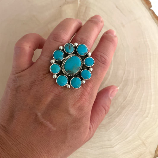 Kingman Turquoise Cluster Adjustable Ring By Geraldine James C