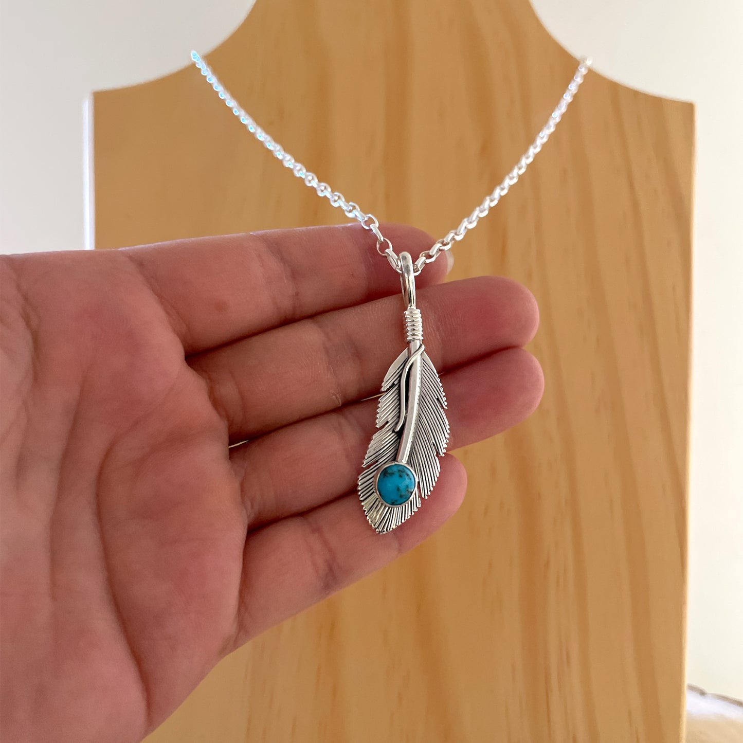 Sterling Silver Turquoise Feather Pendant By Harvey Mace