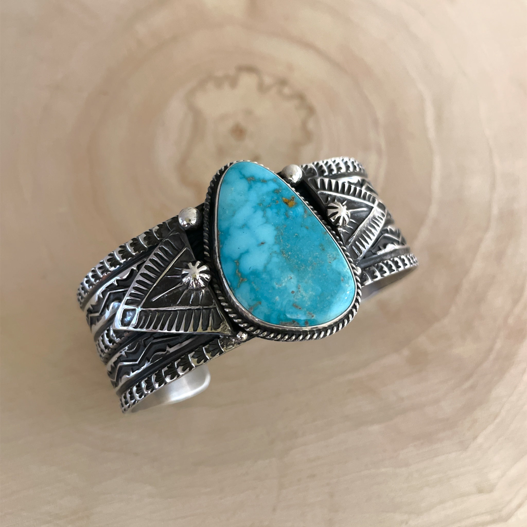 Stamped Kingman Turquoise Cuff Bracelet By Sunshine Reeves 5.35