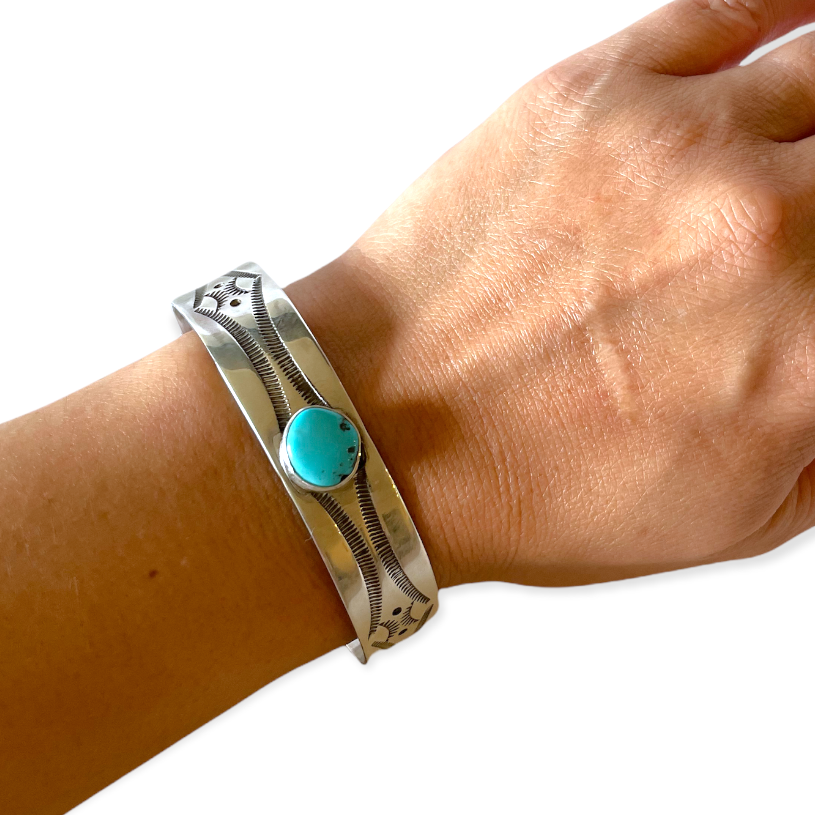 Stamped Sterling Silver Cuff Bracelet with Sleeping Beauty Turquoise |  Handmade by Arnold Goodluck – SOUTHWEST SUNRISE