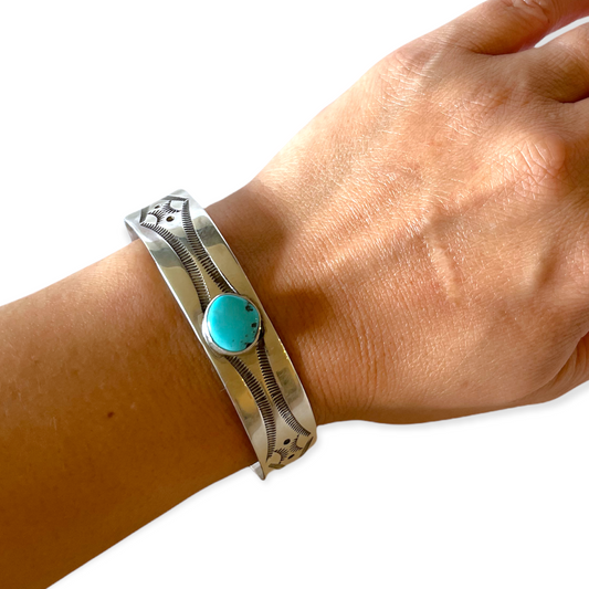 Stamped Sterling Silver Cuff Bracelet with Sleeping Beauty Turquoise