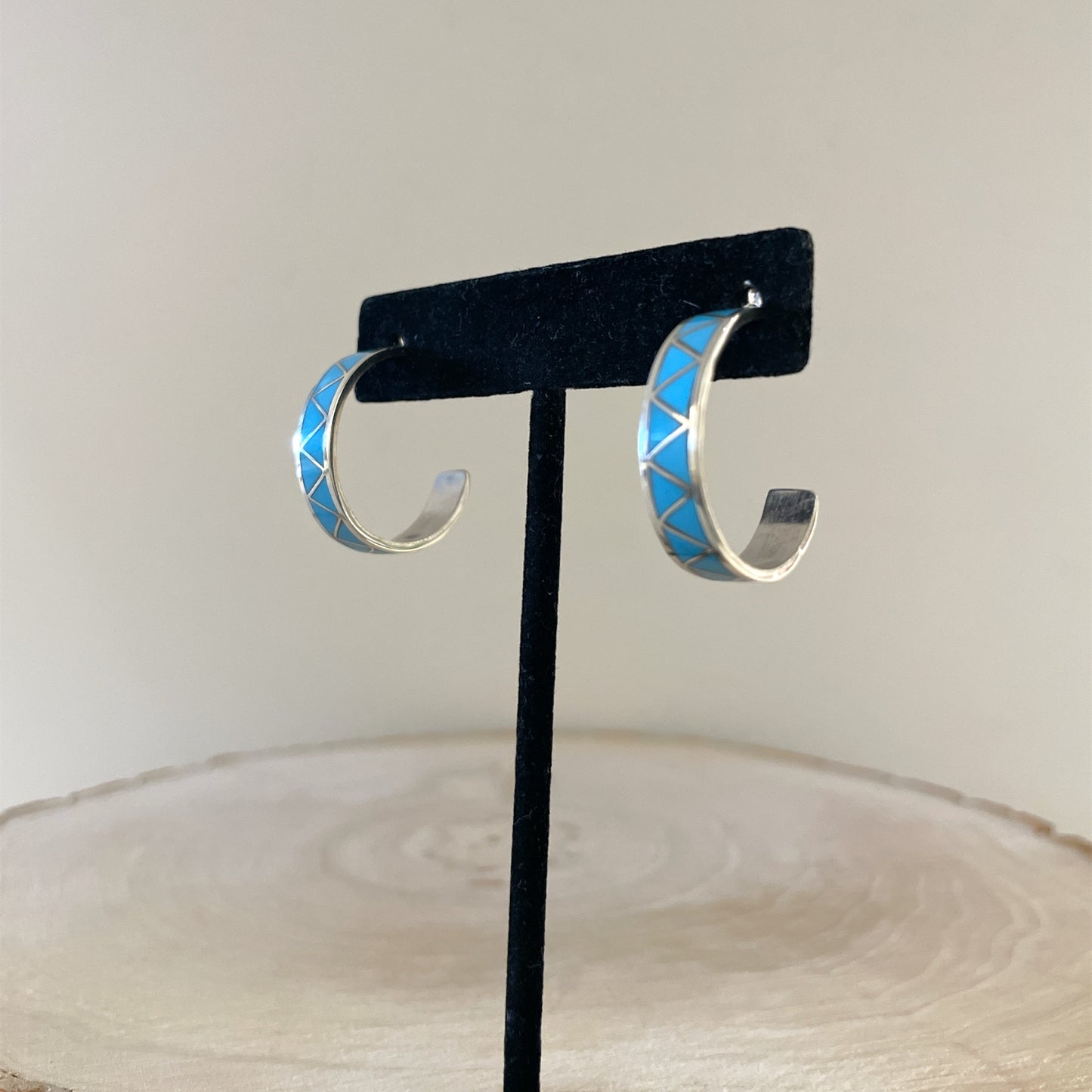 Turquoise Inlay Hoop Earrings 1"