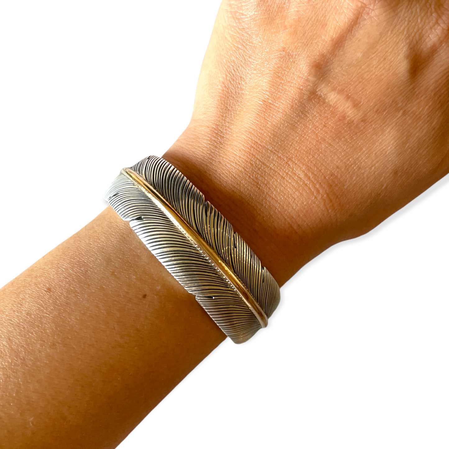 Sterling Silver and 12K Gold Filled Feather Cuff Bracelet By Harvey Mace