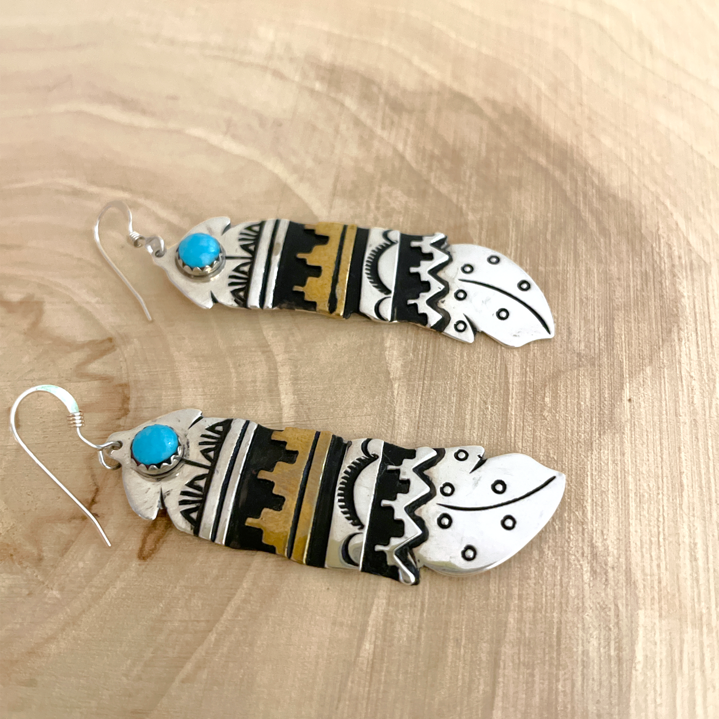Tribal Design Turquoise Feather Earrings