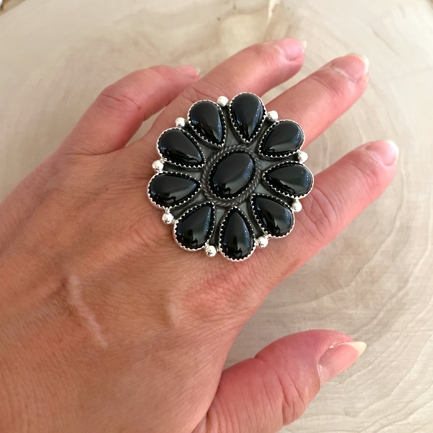 Black Onyx Cluster Ring Size 8 By Phillip Yazzie