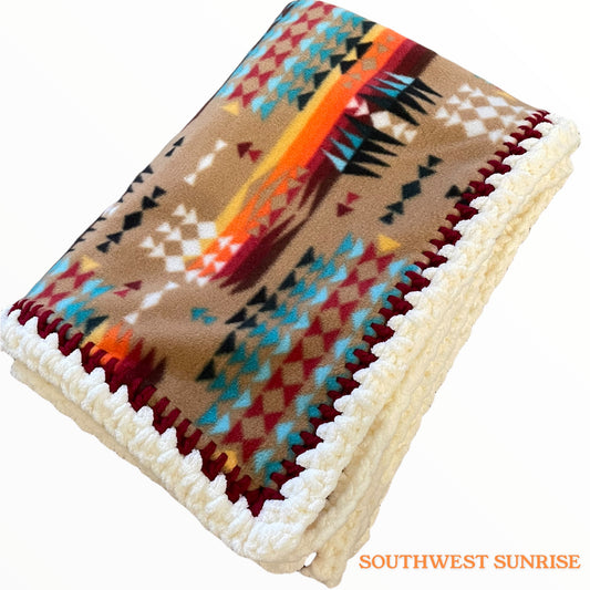 Southwestern Fleece Blanket with Crochet Edge 61"x43" - Size Small | Handmade Cozy Decor