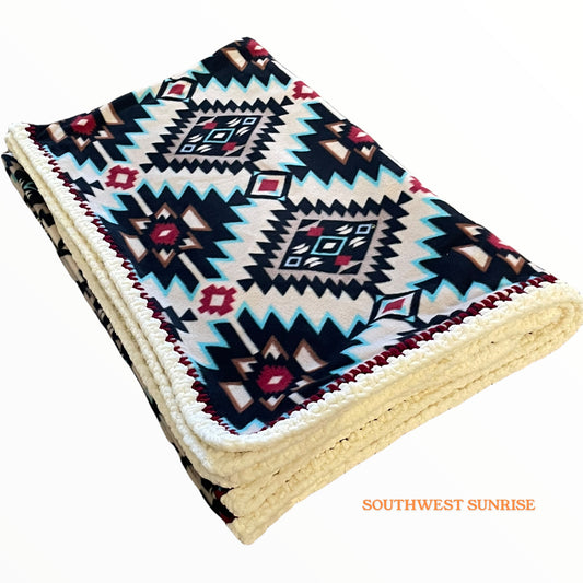 Southwestern Fleece Blanket with Crochet Edge 72"x60" | Large Size | Handmade Home Decor