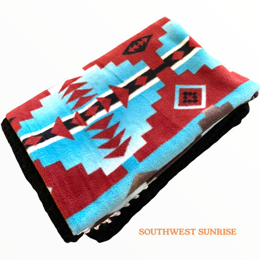 Southwestern Fleece Blanket with Crochet Edge - 61"x43" Small Size | Handmade Southwest Design