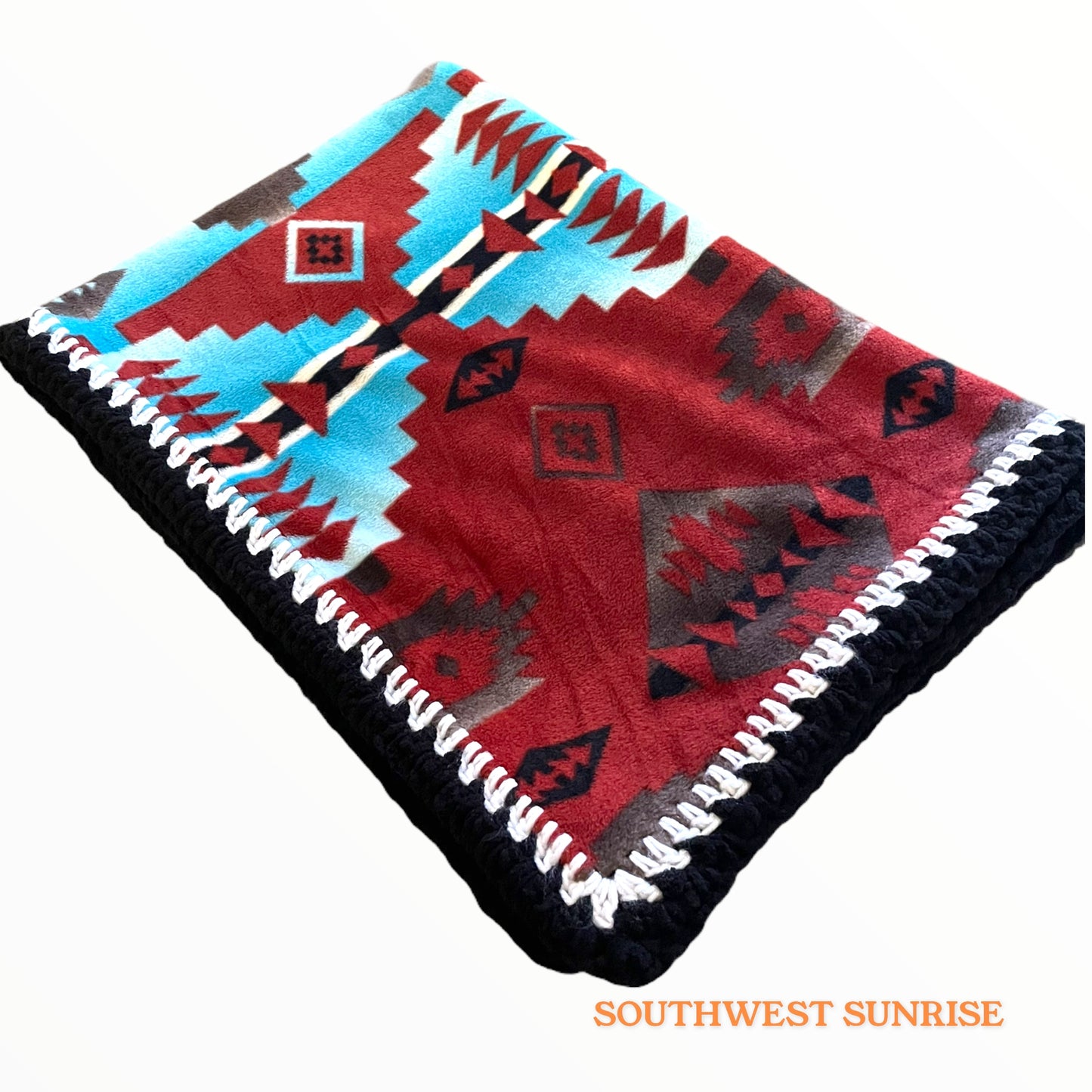 Southwestern Fleece Blanket 61"x43" RedTurquoiseBlackEdge Size S