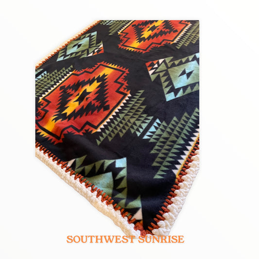 Southwestern Fleece Baby Blanket with Crochet Edge 43"x32" | Black, Green, Orange