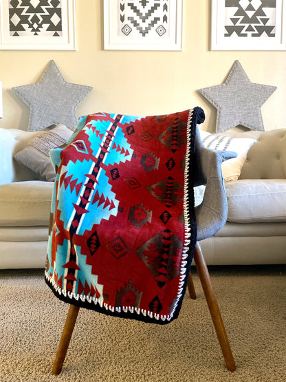 サウスウエスタンフリースブランケット (154cm x109cm) サイズS　レッドターコイズブラックエッジ